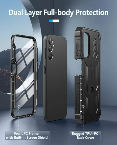 Vista 7 de FNTCASE Funda para Samsung Galaxy A14-5G: Funda de TPU resistente con textura de doble capa a prueba de golpes con soporte Protección contra Negro