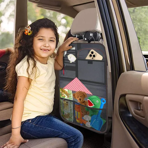 Vista 6 de Organizador de asiento trasero de automóvil de tela Oxford con bandeja plegable para usar como mesa infantil y bolsa de viaje para guardar artículos
