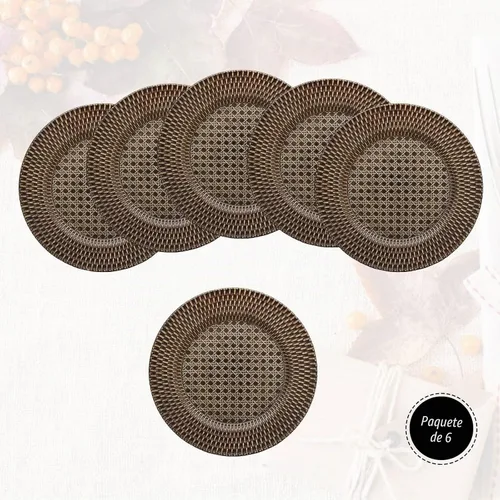 Vista 2 de Spsyrine Platos de carga rústicos de plástico de ratán sintético, juego de 6 elegantes cargadores de platos redondos para cenas, decorativos