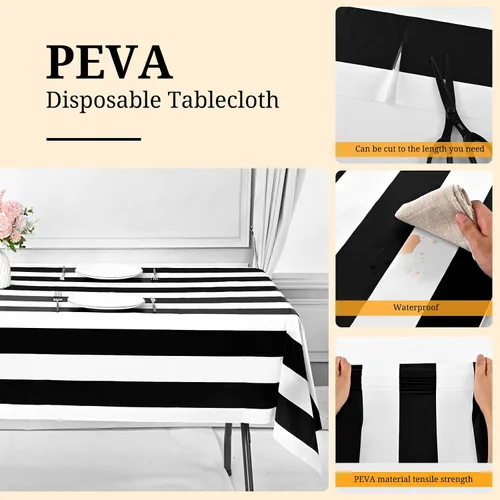 Vista 4 de Paquete de 10 manteles rectangulares de plástico a rayas negras, impermeables, desechables de 54 x 108 pulgadas, manteles desechables de carnaval