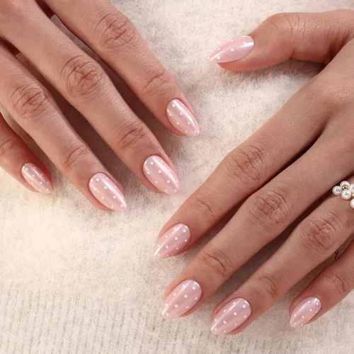 Vista 28 de Uñas cortas a presión de almendra, uñas con purpurina rosa degradado 3H-rosa con purpurina