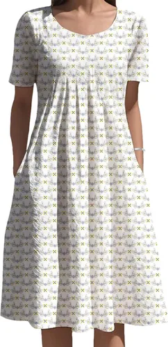 Vista 14 de Vestidos bohemios para mujer, estampado floral, manga corta, cuello redondo, talla grande, vestido de vacaciones con bolsillos para verano 2025