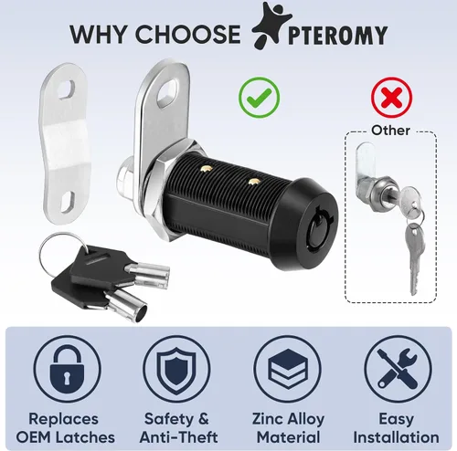 Vista 2 de PTEROMY Paquete de 2 cerraduras de gabinete con llaves, cerradura tubular de leva resistente de 5/8 pulgadas para cerraduras de almacenamiento
