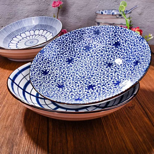 Vista 5 de Juego de 4 platos japoneses de cerámica blanca y azul de 8 pulgadas, platos grandes para aperitivos, pasta, postres y ensaladas, microondas, horno