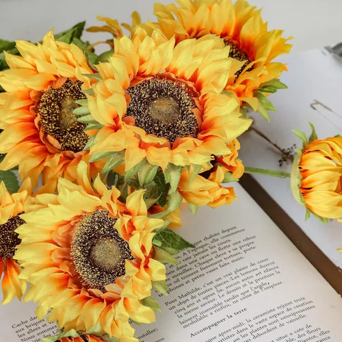 Vista 5 de Girasoles artificiales, 6 ramas de tallo de 29 pulgadas de largo con 3 flores artificiales para boda, ramo de novia, decoración del hogar, centros