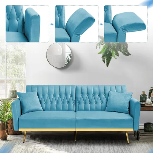 Vista 5 de Sofá cama futón de terciopelo de 70 pulgadas con reposabrazos ajustables, color azul bebé