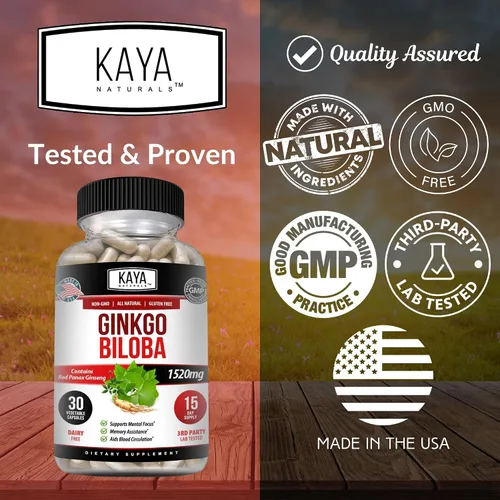 Vista 4 de Kaya Naturals Red Panax Ginseng + Ginkgo Biloba - Suplemento cerebral nootrópico - Apoyo cognitivo y de concentración - Suplemento de refuerzo