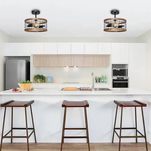 Vista 4 de 2-Luz Lámpara de Techo de Granja con Montura Semi Empotrada, Lámpara de Techo de Madera Rústica para Pasillo, Cocina, Entrada, Vestíbulo