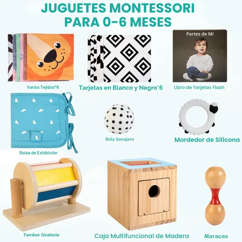 Vista 2 de WOODMAM Juguetes Montessori para bebés de 0 a 6 meses, juguetes educativos sensoriales de aprendizaje 9 en 1 para recién nacidos de 0 a 3-6 meses