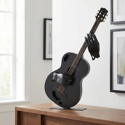 Vista 4 de SunBlogs Art - Decoración de guitarra de metal de 23 pulgadas de alto, escultura musical hecha a mano (negro) Hand-painted Metal Statue, Western