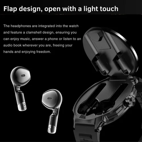 Vista 3 de Reloj inteligente 2 en 1 con audífonos, bisel de aleación de zinc, pantalla redonda de 1.46 pulgadas, función de llamada Bluetooth, reproducción