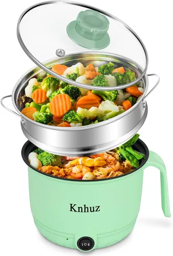 Vista 9 de Olla eléctrica caliente con vaporizador, cocina rápida de ramen, mini olla eléctrica de autocalentamiento portátil de 1.8L para cocinar fideos, Gris