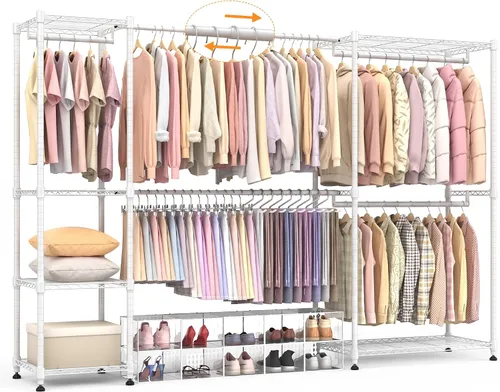 Vista 14 de Homdox Perchero resistente con varillas extensibles para colgar, perchero de metal ajustable para colgar ropa, armario independiente con estantes