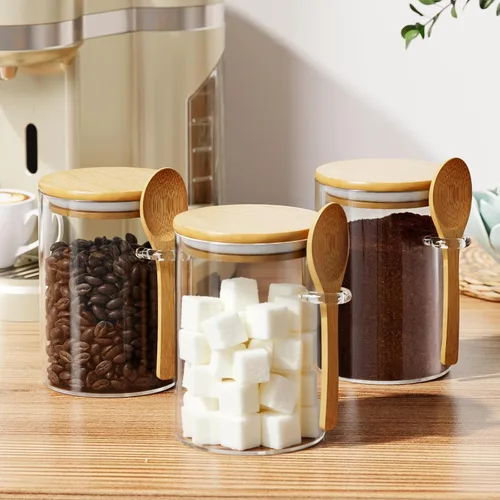 Vista 3 de Recipiente de vidrio para azúcar con cuchara, 1 paquete de tarros de vidrio de 15 onzas con tapa y cuchara de bambú, recipientes de almacenamiento