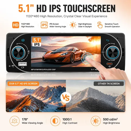 Vista 6 de 5,1" solo Din Bluetooth coche estéreo inalámbrico CarPlay Radio Android Auto