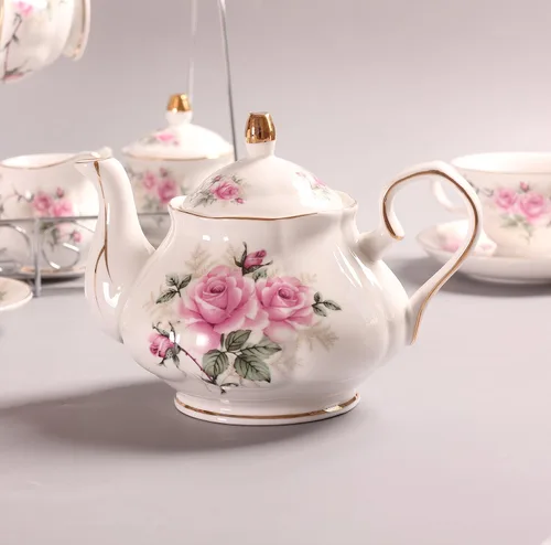 Vista 6 de Juego de tazas de café europeas de China de 15 piezas, juego de tazas de té de porcelana de cerámica con soporte de metal, juegos de regalo de té