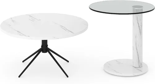 Vista 3 de Hooseng Juego de 2 mesas de café redondas, parte superior de mármol sintético y moderna tapa de vidrio transparente templado, perfectas para sala