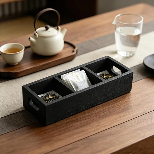 Vista 4 de Wooden Tea Organizer Box - 3 Compartment Tea Chest Storage Holder for Home Kitchen Counter Coffee Station - Storage Chest Box Black