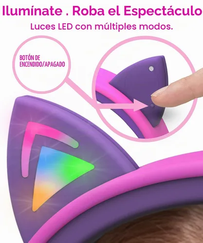 Vista 5 de FosPower Audífonos para niños con orejas de gato LED (límite de volumen seguro de 85dB), audífonos con cable suave de 3.5mm con orejeras y cables