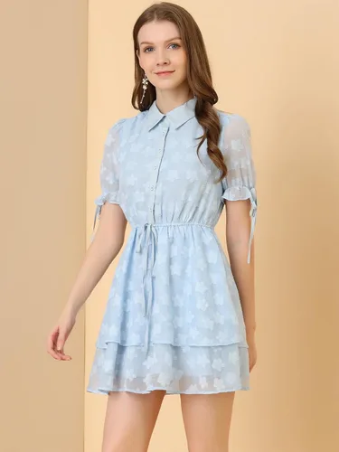 Vista 4 de Allegra K Peter Pan Collar Dress for Women's Floral Drawstring Chiffon Layered Shirt Dresses
