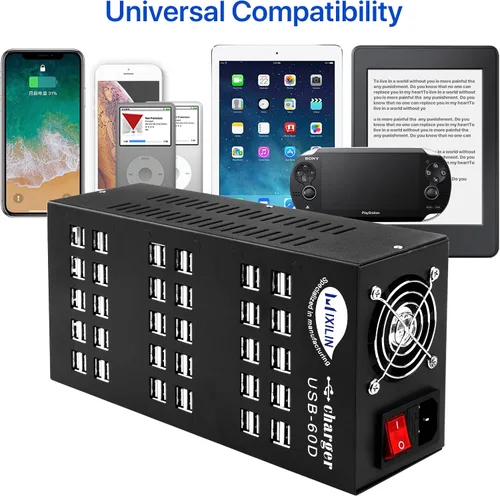 Vista 4 de Cinlinso - Estación de carga USB, 60 puertos 300 W/60 A, protección inteligente, estación de carga USB multipuerto para teléfonos inteligentes