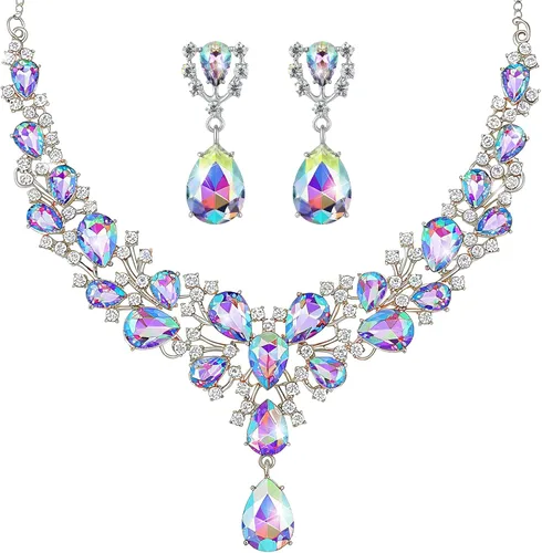 Vista 12 de Hicarer Conjunto de joyas de cristal en forma de lágrima nupcial para mujer, collar, aretes, boda Negro