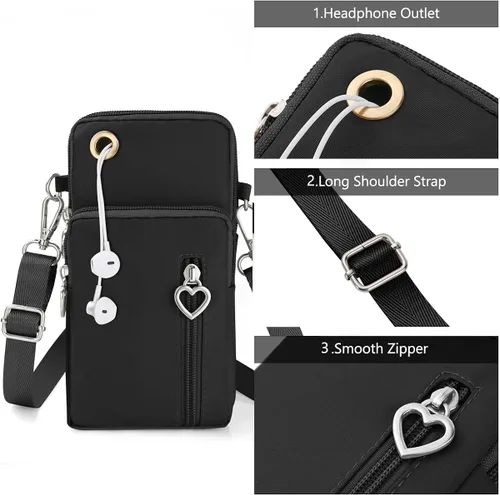 Vista 4 de Bolso cruzado para teléfono para mujer, bolso cruzado pequeño de nailon para hombro, bolso de brazo, bolso para teléfono celular, con puerto