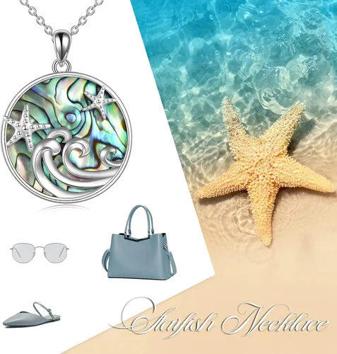 Vista 6 de CRMAD Collar de playa oceánica para mujer, plata de ley, estrellas de mar con ondas de mar, regalos de joyería