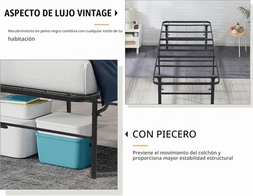 Vista 4 de Base de cama plegable de tamaño individual, base de cama de plataforma de metal negro, no necesita somier, base de cama de plataforma