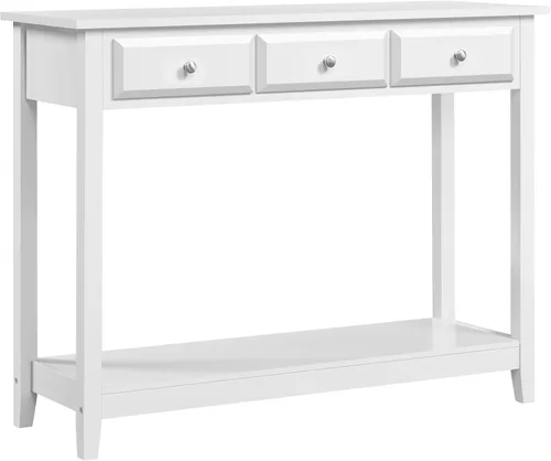 Vista 10 de Topeakmart Mesa consola con estante de almacenamiento y 3 cajones, mesa de sofá de 2 niveles para entrada/pasillo/sala de estar, material de madera