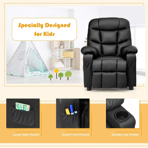 Vista 8 de Costzon Silla reclinable para niños con soporte para tazas, silla de salón de cuero ajustable con reposapiés y bolsillos laterales para habitación