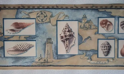Vista 3 de Borde de pared náutico de concha de mar - Rollo de papel tapiz decorativo para habitación de playa