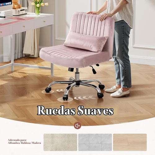 Vista 7 de Silla cruzada de terciopelo con ruedas, silla de oficina de lujo con patas cruzadas, cómoda silla de escritorio para oficina en casa, silla de Rosa
