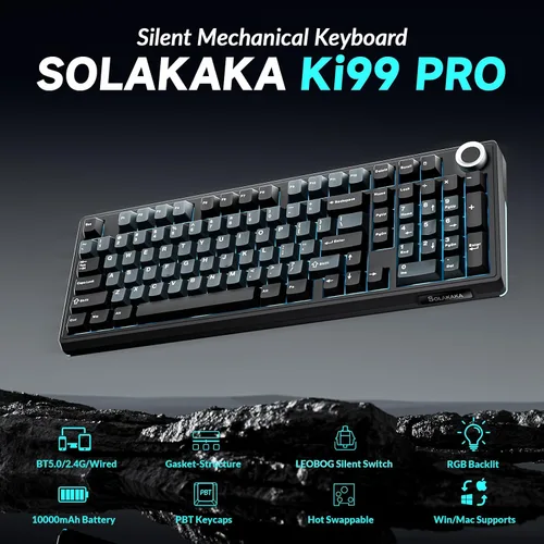 Vista 2 de SOLAKAKA KI99 Pro - Teclado mecánico inalámbrico con interruptor silencioso, interruptores preiluminados intercambiables en caliente, teclado