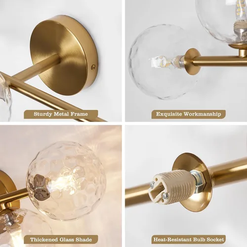 Vista 3 de Luminarias de Espejo de Tocador de Baño: Aplique de Pared de Baño Regulable de 5 Luces - Luces de Tocador de Latón Dorado con Pantalla de Vidrio