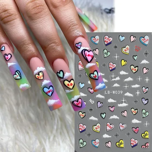 Vista 3 de Fcozpjk Calcomanías de uñas con lazo en relieve 5D, 5 hojas autoadhesivas de cintas rosas y blancas, arte de uñas para el día de San Valentín, dijes
