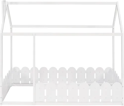 Vista 5 de Harper & Bright Designs Camas de casa para niños, cama de piso individual con valla de madera, marco de cama de cabaña que se puede decorar