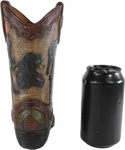 Vista 9 de Ebros Gift Familia rústica de oso negro occidental con piñas de pino, bota de vaquera del bosque, figura decorativa o florero floral, macetero