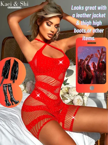Vista 6 de Kaei&Shi Ropa de baile exótica, red a rayas, mameluco brillante, traje de rave
