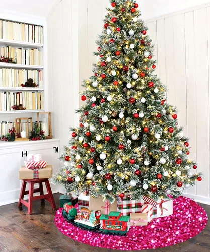 Vista 4 de FANPROMS Falda de árbol de Navidad rosa intenso con lentejuelas de 21 pulgadas, faldas de terciopelo de doble cara para árbol de Navidad de mesa