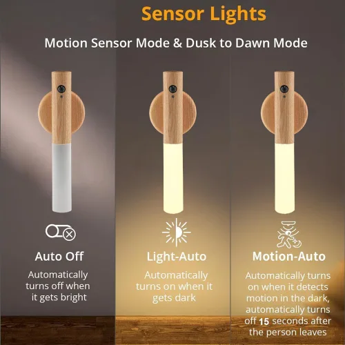 Vista 3 de Luces nocturnas con sensor de movimiento de madera LANDGOO Aplique de pared con pilas inalámbrico recargable LED para pasillo de cuerpo magnético