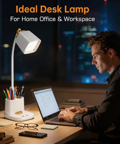 Vista 5 de Lámparas LED de escritorio para oficina en casa con cargador, organizador, lámpara de mesa de escritorio para dormitorio, estudio, lectura, trabajo