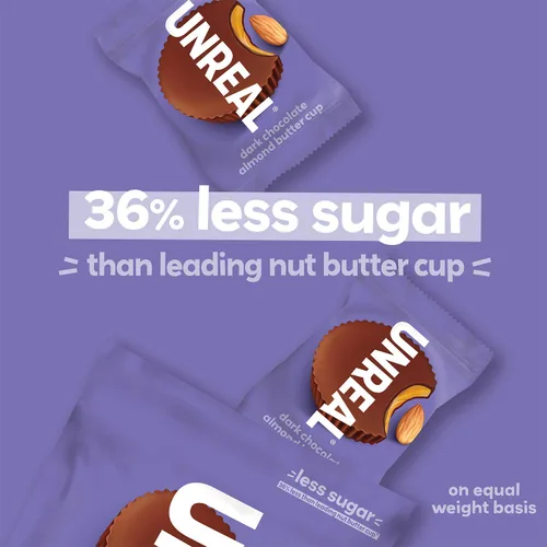 Vista 5 de UNREAL Tazas de mantequilla de almendras de chocolate oscuro, 0.53 onzas de azúcar, certificado vegano, sin gluten, comercio justo, sin OMG, sin