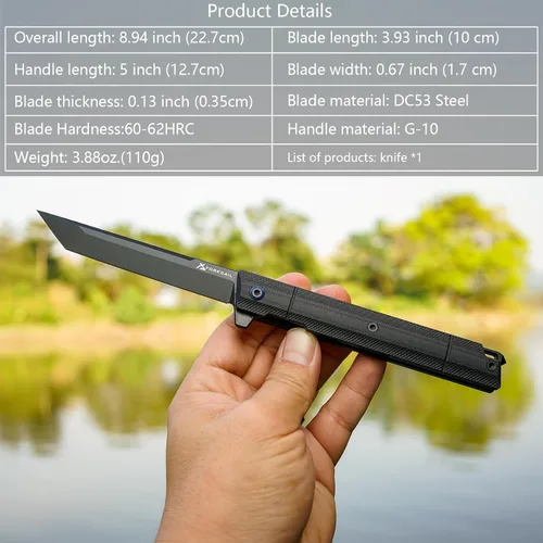 Vista 3 de Cuchillo plegable de bolsillo FORESAIL, hoja de acero DC53 y mango G10. Con clip de bolsillo y rompecristales, cuchillo de bolsillo para hombres