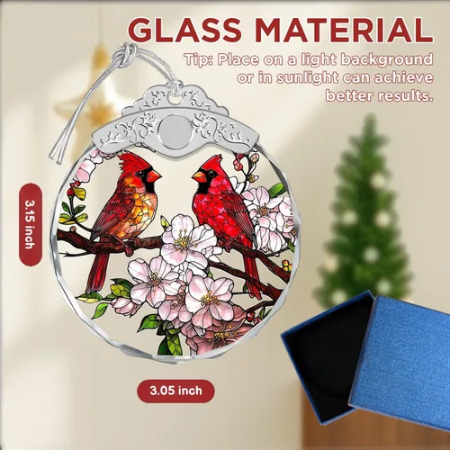 Vista 4 de Adornos de Navidad – Pájaros Cardenales y Flores Ornamento de Vidrio Emplomado – Decoración Navideña – Adornos para Árbol de Navidad – Regalos