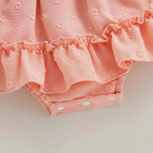 Vista 103 de Mameluco para bebés y niñas de 3, 6, 9, 12, 18 meses, enterizo de manga corta, fruncido, faldas y dobladillo, diadema