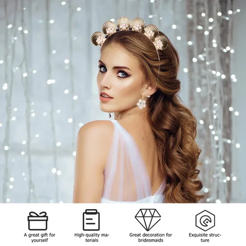 Vista 7 de minkissy Diadema de concha de perlas doradas, accesorio para el cabello para mujeres y niñas, vacaciones, boda, fiesta, cosplay, ligero y decorativo