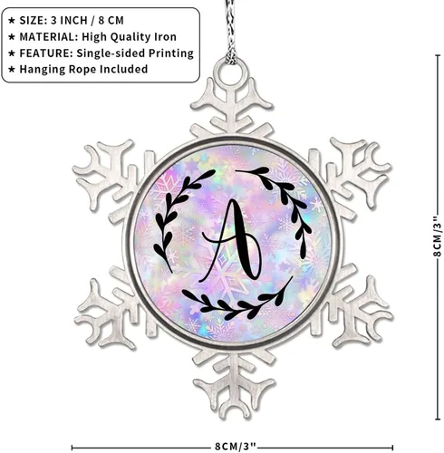Vista 7 de Adorno de copo de nieve de letra A con inicial de copo de nieve, corona negra, adorno con monograma para decoración de árbol de Navidad, adornos