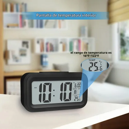 Vista 3 de Reloj despertador digital con temperatura interior, funciona con pilas, modelo con función de repetición, pantalla de 12/24H para dormitorios Negro