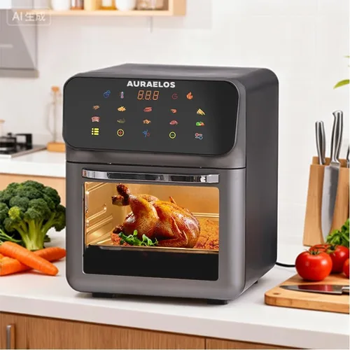 Vista 2 de AURAELOS - Horno freidora de aire digital, capacidad de 10 L, 1350 W, control táctil con 10 preajustes, acero inoxidable negro, rango de temperatura